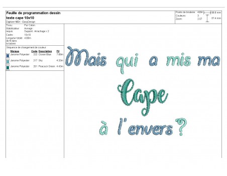 Motif de broderie texte Mais qui a mis ma cape à l'envers