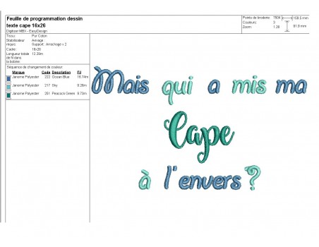 Motif de broderie texte Mais qui a mis ma cape à l'envers