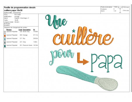 Motif de broderie texte Une cuillère pour Papa