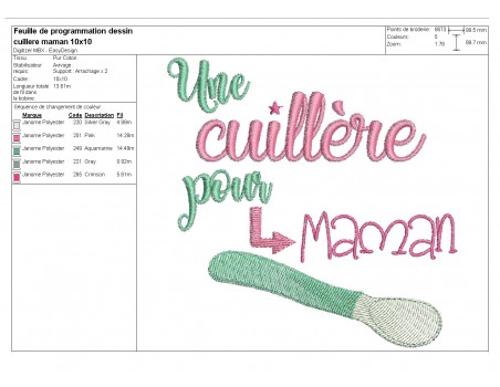 Motif de broderie texte Une cuillère pour maman