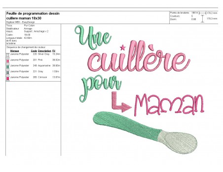 Motif de broderie texte Une cuillère pour maman