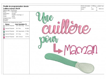 Motif de broderie texte Une cuillère pour maman