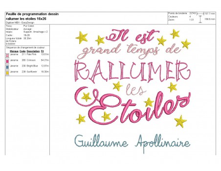 Motif de broderie machine Citation Rallumer les étoiles