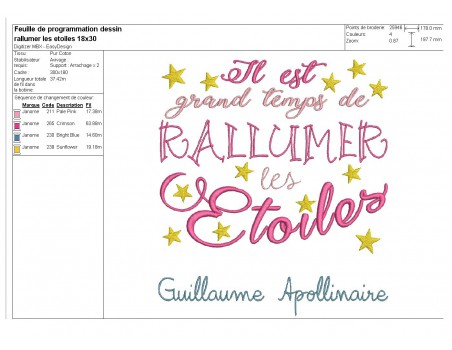 Motif de broderie machine Citation Rallumer les étoiles