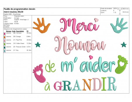 Motif de broderie texte  merci nounou