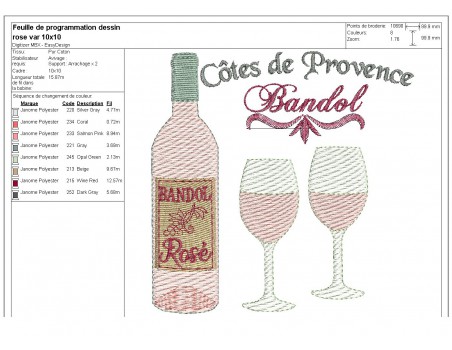 Motif de broderie machine  vin rosé de Provence
