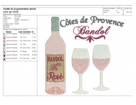 Motif de broderie machine  vin rosé de Provence