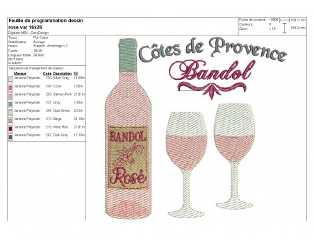 Motif de broderie machine  vin rosé de Provence