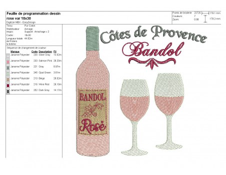 Motif de broderie machine  vin rosé de Provence