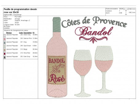 Motif de broderie machine  vin rosé de Provence