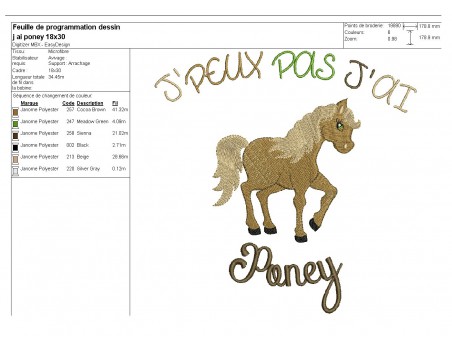 Motif de broderie machine texte j'peux pas j'ai  poney