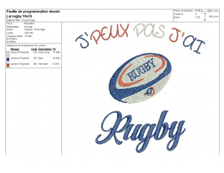 Motif de broderie machine texte j'peux pas j'ai  rugby