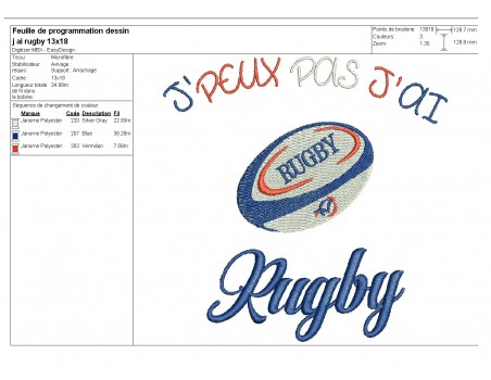 Motif de broderie machine texte j'peux pas j'ai  rugby