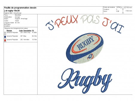 Motif de broderie machine texte j'peux pas j'ai  rugby