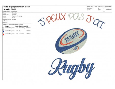 Motif de broderie machine texte j'peux pas j'ai  rugby