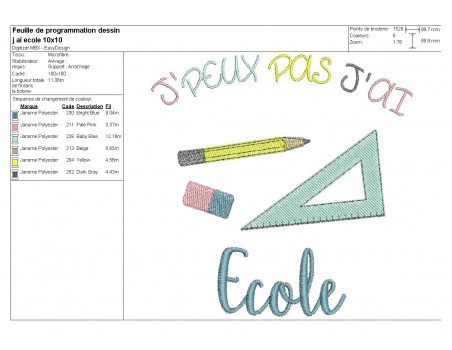 Motif de broderie machine texte j'peux pas j'ai  école