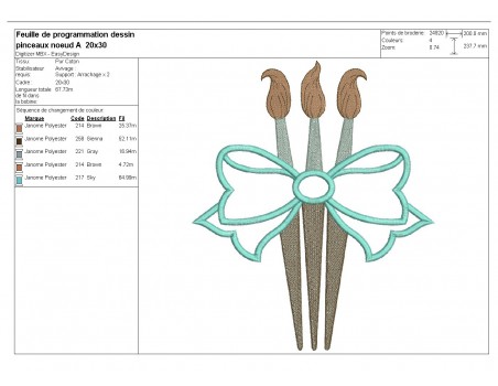 Motif de broderie machine pinceaux  avec un noeud appliqué