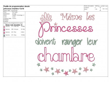 Motif de broderie machine princesse chambre