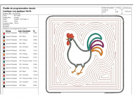 Motif de broderie machine  manique coq  ITH