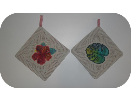 Instant download machine embroidery potholder oven  or trivet hibiscus flower ith