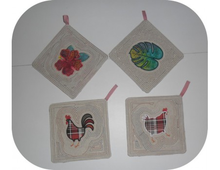 Instant download machine embroidery potholder oven  or trivet hibiscus flower ith