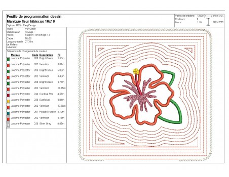 Motif de broderie machine  manique  ou dessous de plat fleur d'hibiscus  ITH