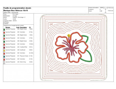 Motif de broderie machine  manique  ou dessous de plat fleur d'hibiscus  ITH