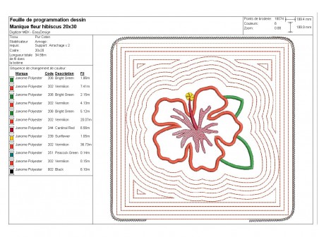 Motif de broderie machine  manique  ou dessous de plat fleur d'hibiscus  ITH