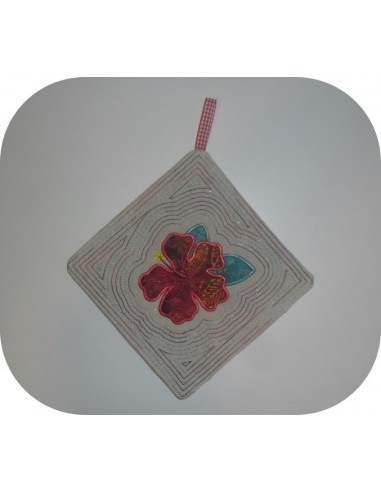 Instant download machine embroidery potholder oven  or trivet hibiscus flower ith