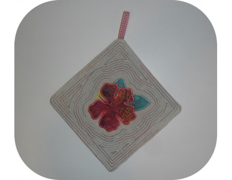 Instant download machine embroidery potholder oven  or trivet hibiscus flower ith