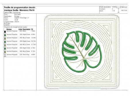 Motif de broderie machine  manique  ou dessous de plat feuille de monstera  ITH