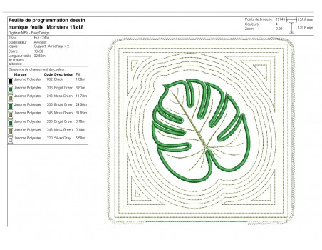 Motif de broderie machine  manique  ou dessous de plat feuille de monstera  ITH