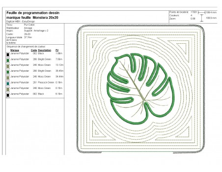 Motif de broderie machine  manique  ou dessous de plat feuille de monstera  ITH