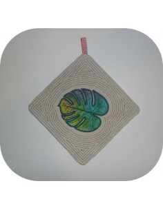 Motif de broderie machine  manique  ou dessous de plat feuille de monstera  ITH