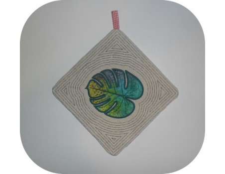 Instant download machine embroidery potholder oven  or trivet monstera leaf ith