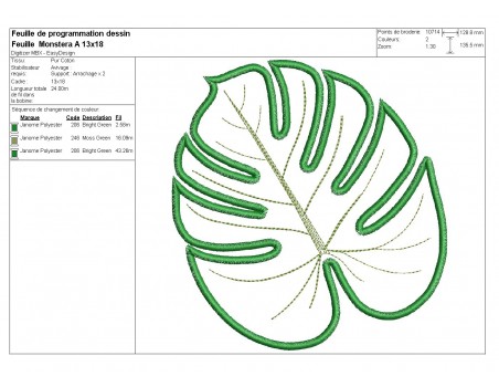 Motif de broderie machine feuille de monstera  en appliqué