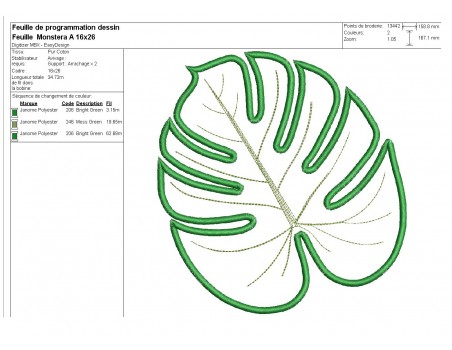 Motif de broderie machine feuille de monstera  en appliqué