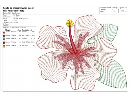Motif de broderie machine fleur d'hibiscus  en mylar