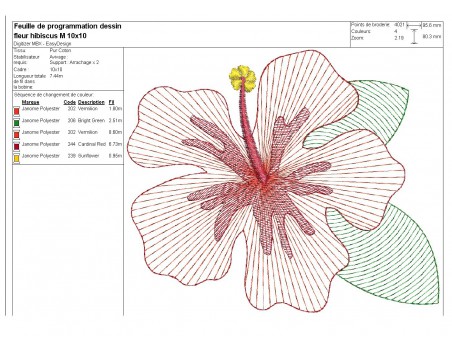 Motif de broderie machine fleur d'hibiscus  en mylar