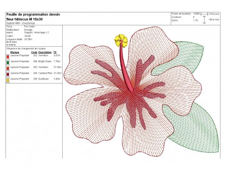 Motif de broderie machine fleur d'hibiscus  en mylar