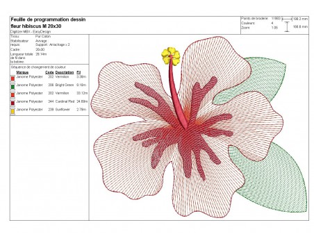 Motif de broderie machine fleur d'hibiscus  en mylar