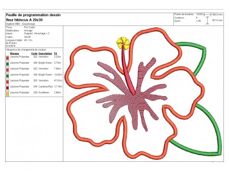 Motif de broderie machine fleur d'hibiscus  en appliqué