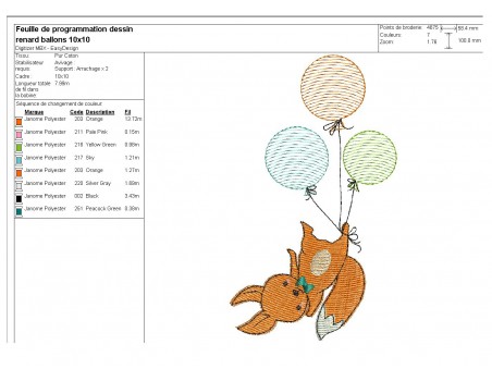 Motif de broderie machine renard avec ses balons en mylar