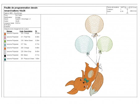 Motif de broderie machine renard avec ses balons en mylar