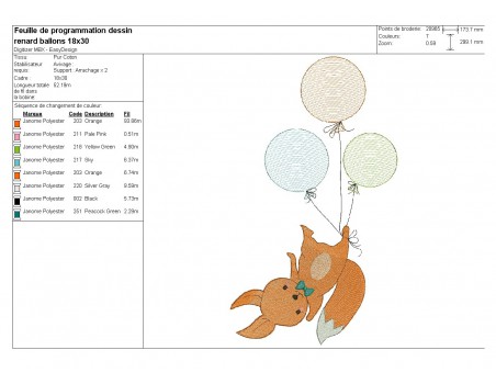 Motif de broderie machine renard avec ses balons en mylar