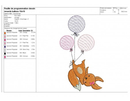 Motif de broderie machine renarde avec ses balons en mylar