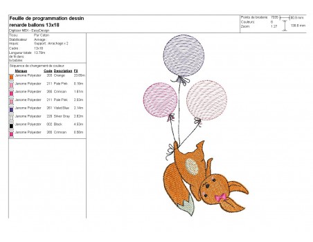 Motif de broderie machine renarde avec ses balons en mylar