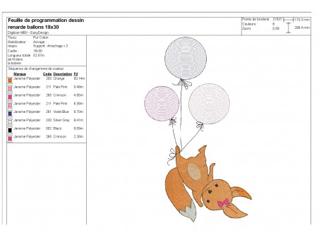 Motif de broderie machine renarde avec ses balons en mylar