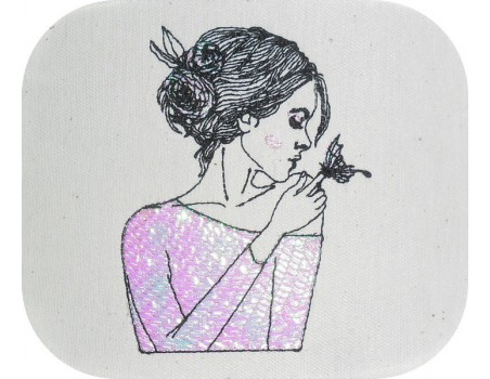 Motif de broderie machine mylar  femme au papillon