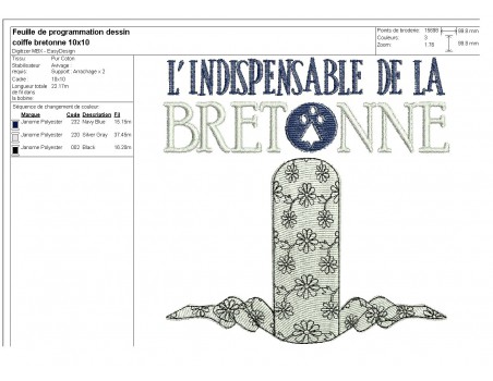 Motif de broderie machine coiffe de la bretonne